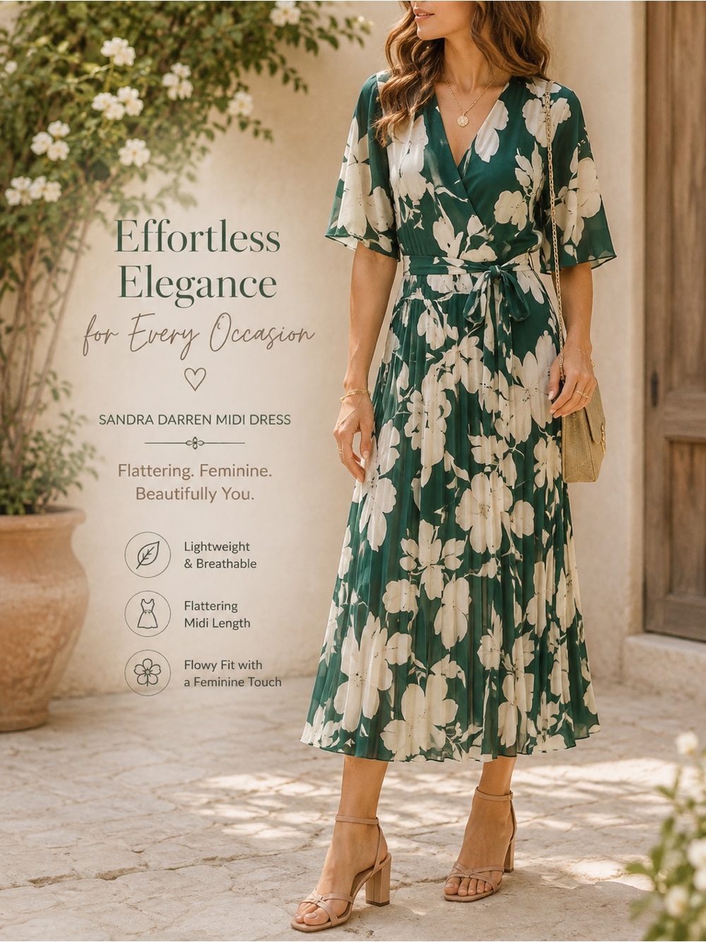 Sandra Darren Green Floral Pleated Midi Dress with Cream Blooms